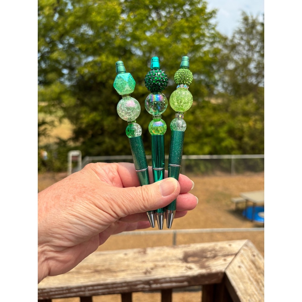 Handmade Green Beaded Ballpoint Pens Set of 3 Emerald Lime Crystal Stationery